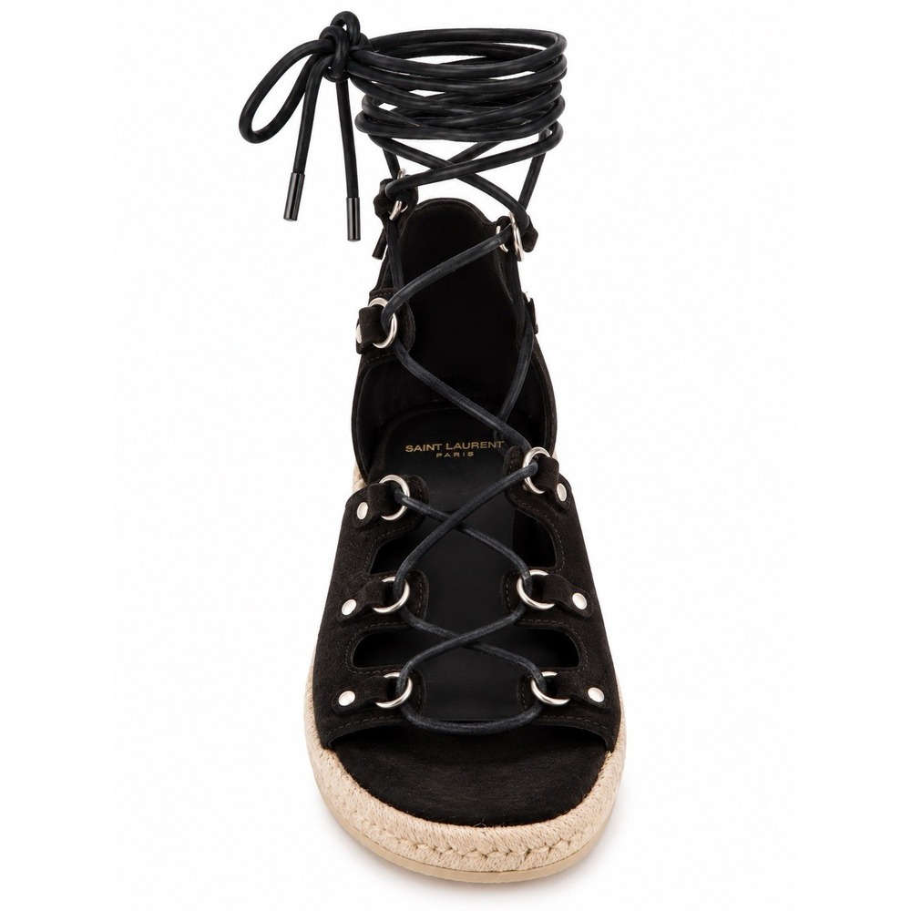Saint Laurent YSL Black Suede Lace Up Espadrille Gladiator Sandals Sz 36.5 Boho